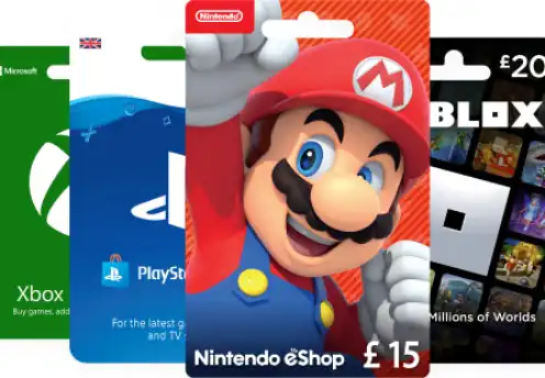 Collection of gaming gift cards for popular platforms